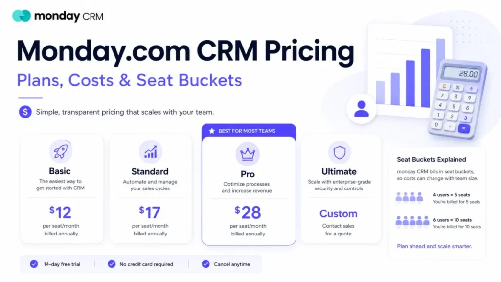 monday.com CRM pricing 2026 with Basic, Standard, Pro and Ultimate plans