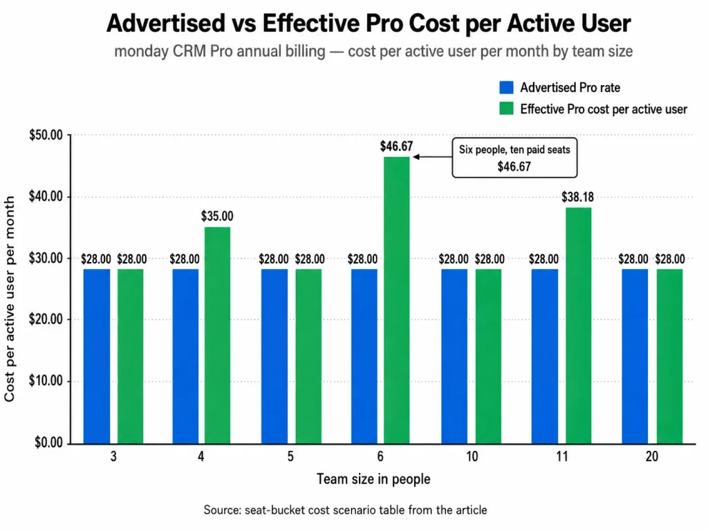 monday CRM Pro advertised vs effective cost per active user by team size in 2026