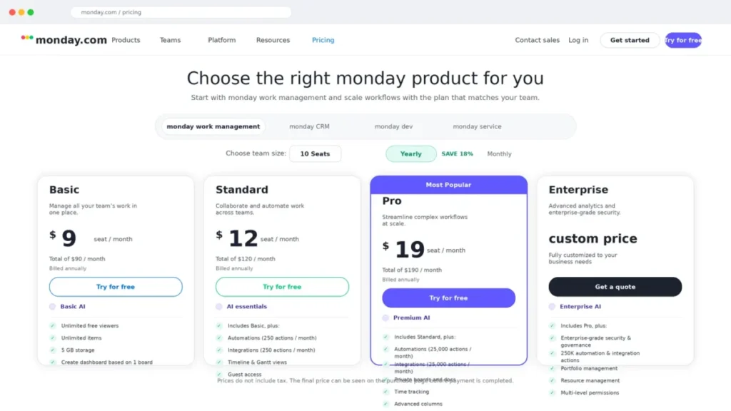 monday.com pricing page showing Basic, Standard, Pro, and Enterprise plan cards with monthly pricing and automation limits