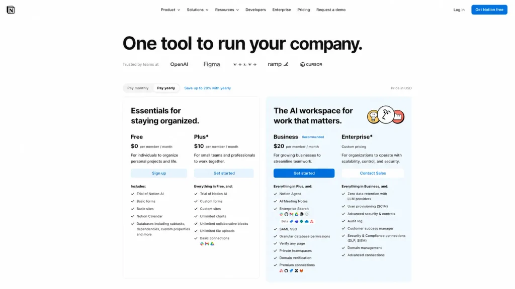 Notion pricing plans showing Free $0, Plus $10, Business $20, and Enterprise custom pricing