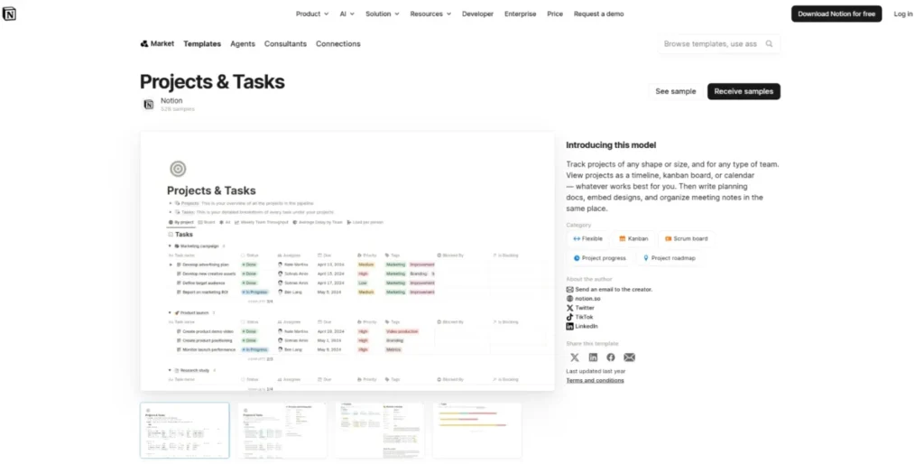 Notion Projects and Tasks template page showing project tracker preview, categories, and sample buttons