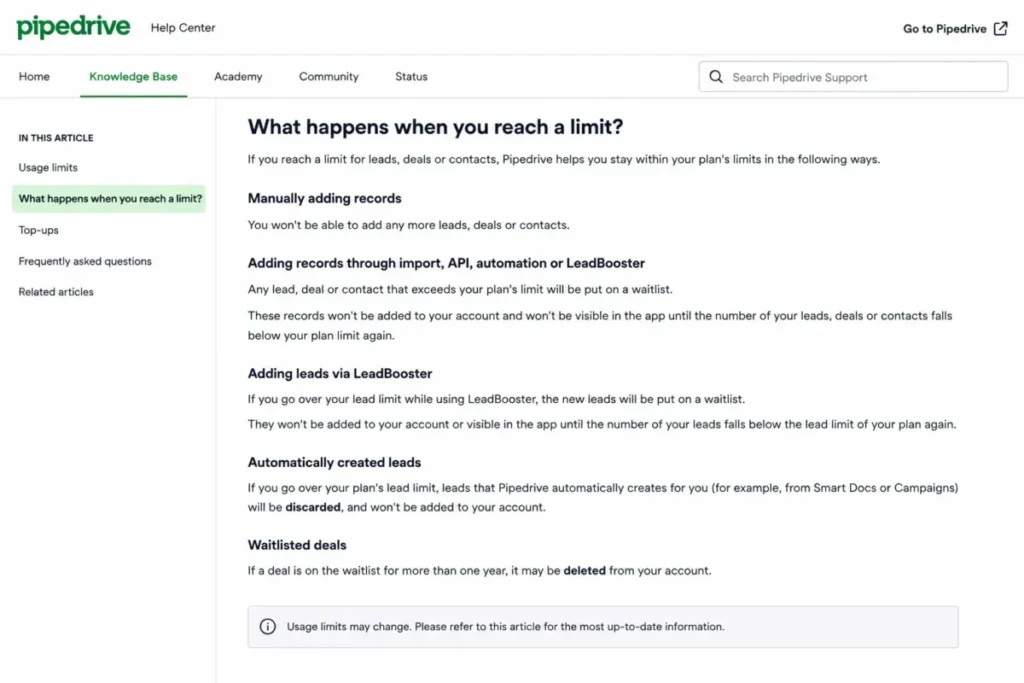 Pipedrive help article explaining waitlisted, discarded, and deleted records after usage limits are reached