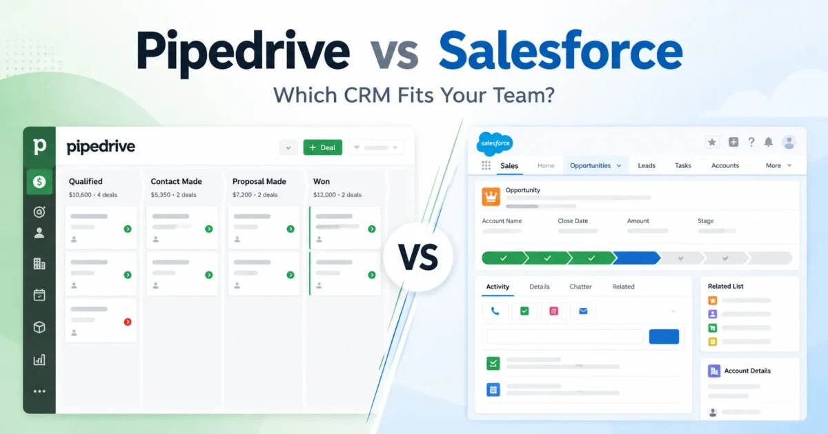 Pipedrive vs Salesforce CRM comparison showing Pipedrive pipeline and Salesforce opportunity management interfaces