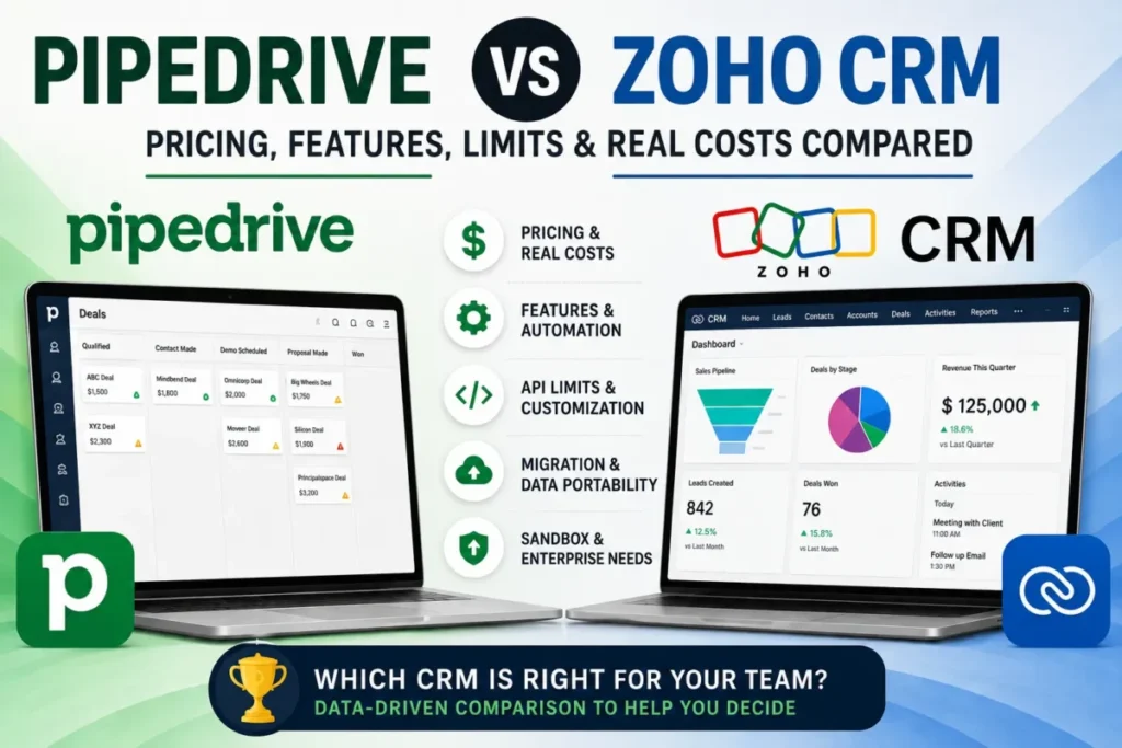 Pipedrive vs Zoho CRM comparison covering pricing, features, automation, API limits, migration, and real costs