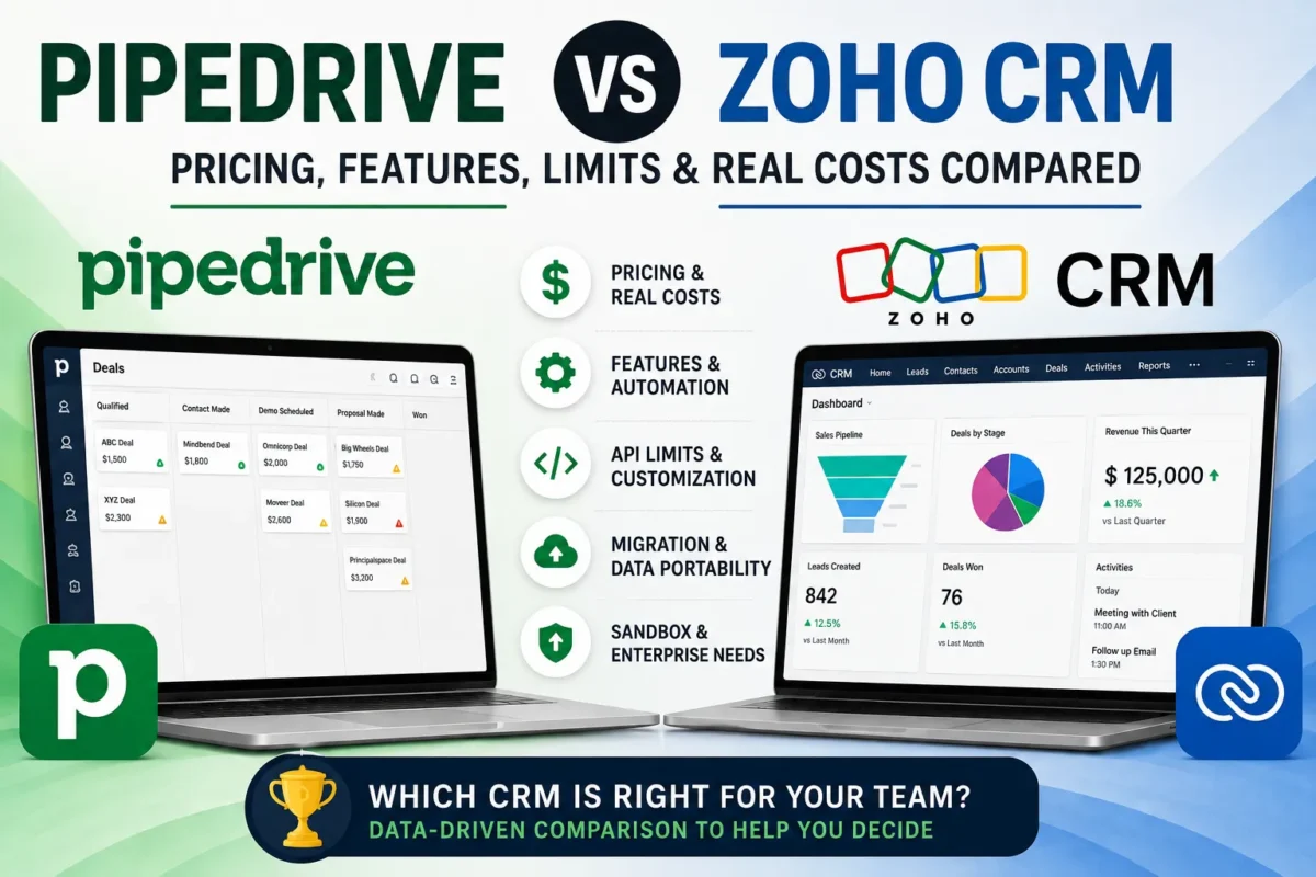 Pipedrive vs Zoho CRM comparison covering pricing, features, automation, API limits, migration, and real costs