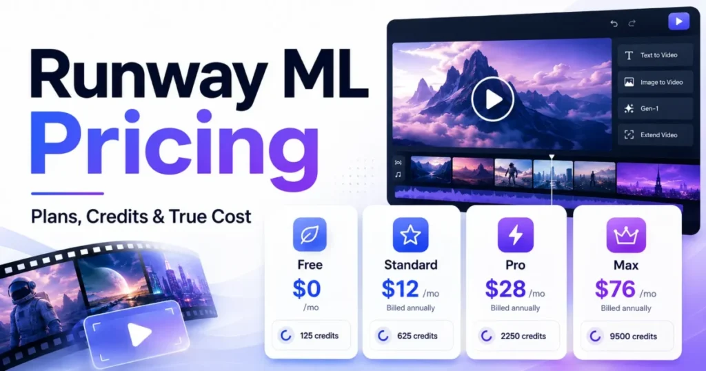 Runway ML pricing featured image showing Free, Standard, Pro, and Max plans with annual prices and included credits