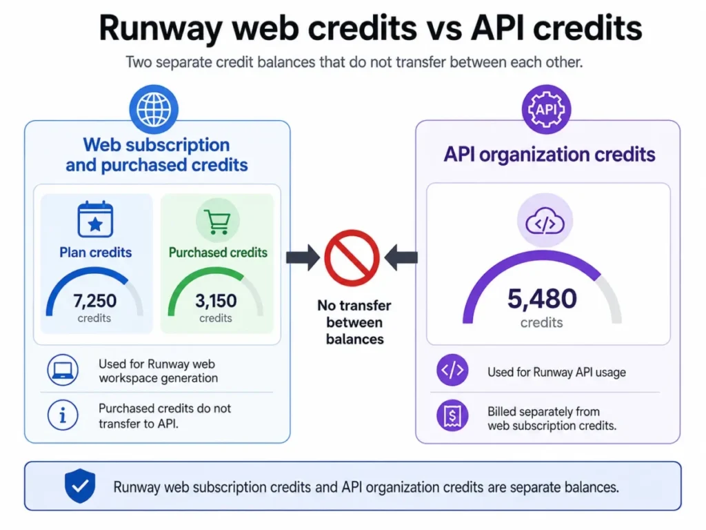 Runway diagram showing web subscription and purchased credits separated from API organization credits with no transfer between balances