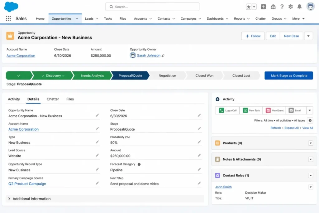 Salesforce Sales Cloud opportunity record showing the sales path, Proposal/Quote stage, close date, account, and Mark Stage as Complete button