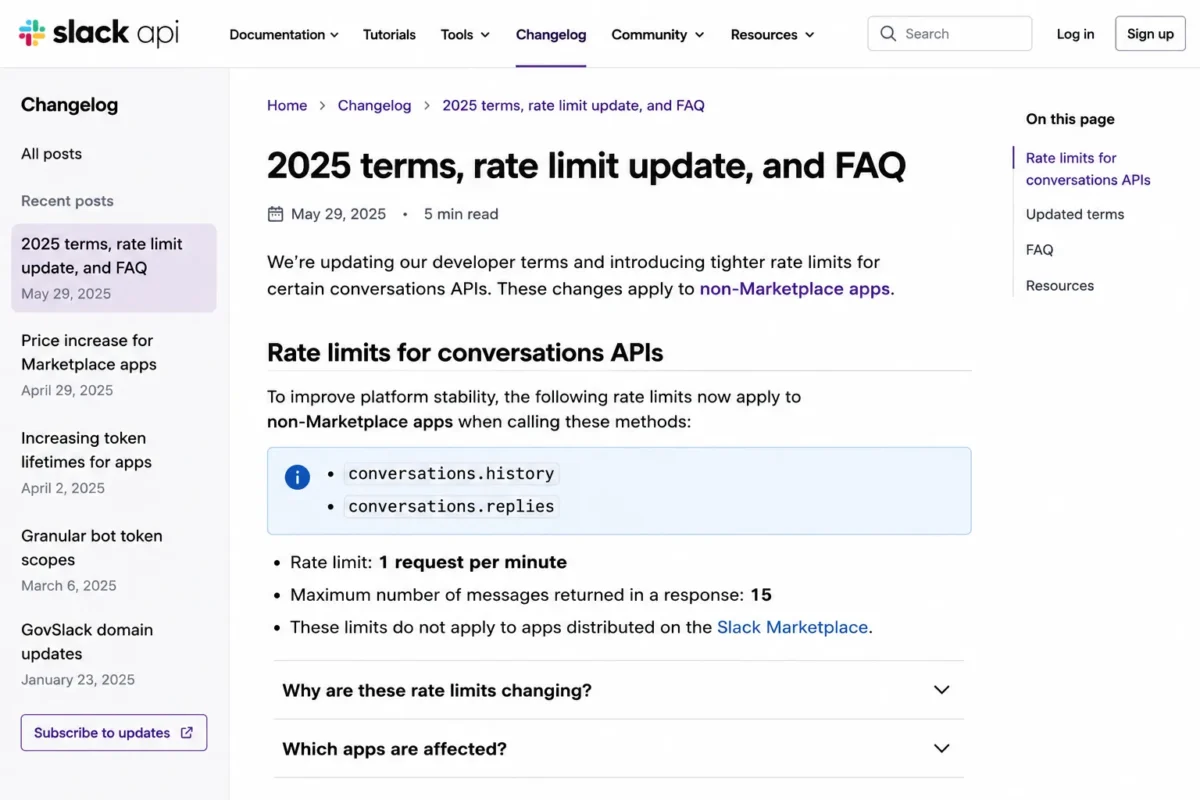 Slack API changelog showing rate limits for conversations.history and conversations.replies methods