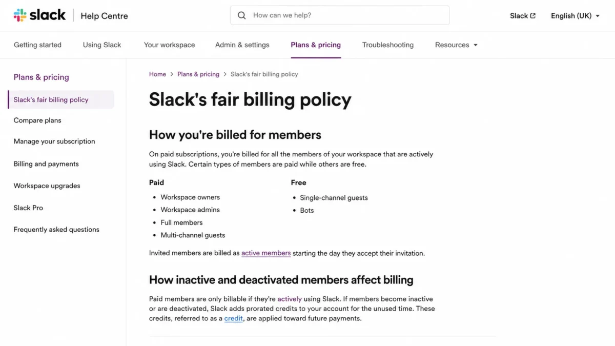 Slack Fair Billing Policy showing active member billing and prorated credits for inactive members