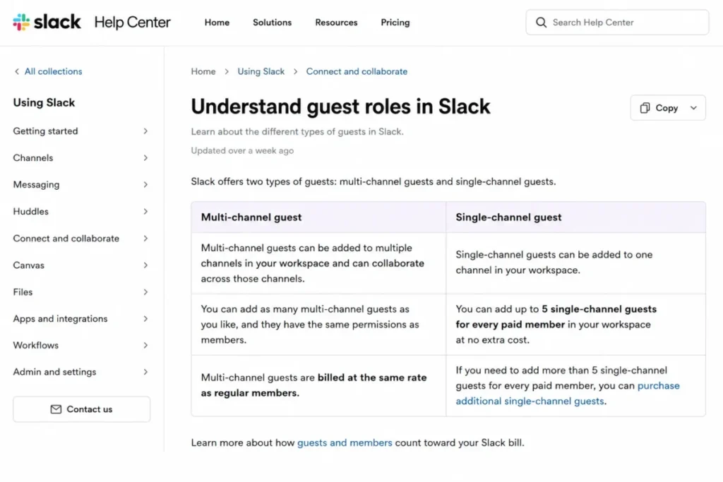 Slack guest roles comparison showing multi-channel guest billing and the single-channel guest allowance