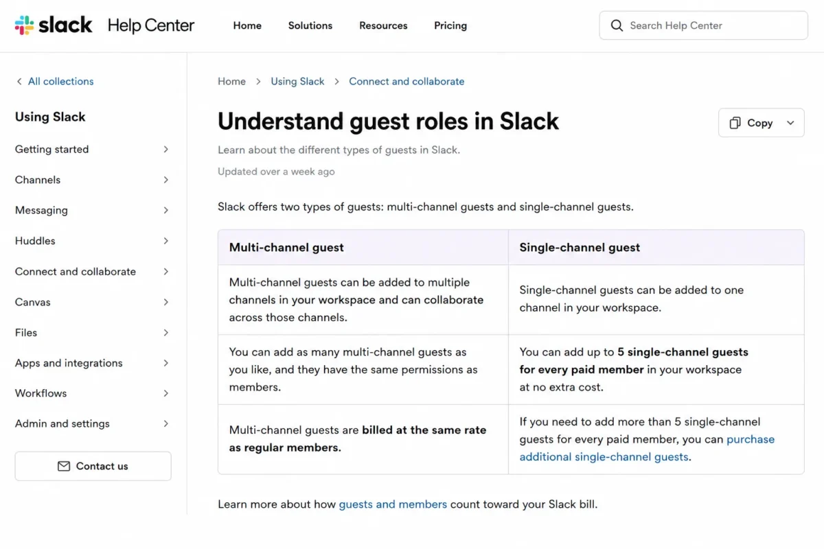 Slack guest roles comparison showing multi-channel guest billing and the single-channel guest allowance
