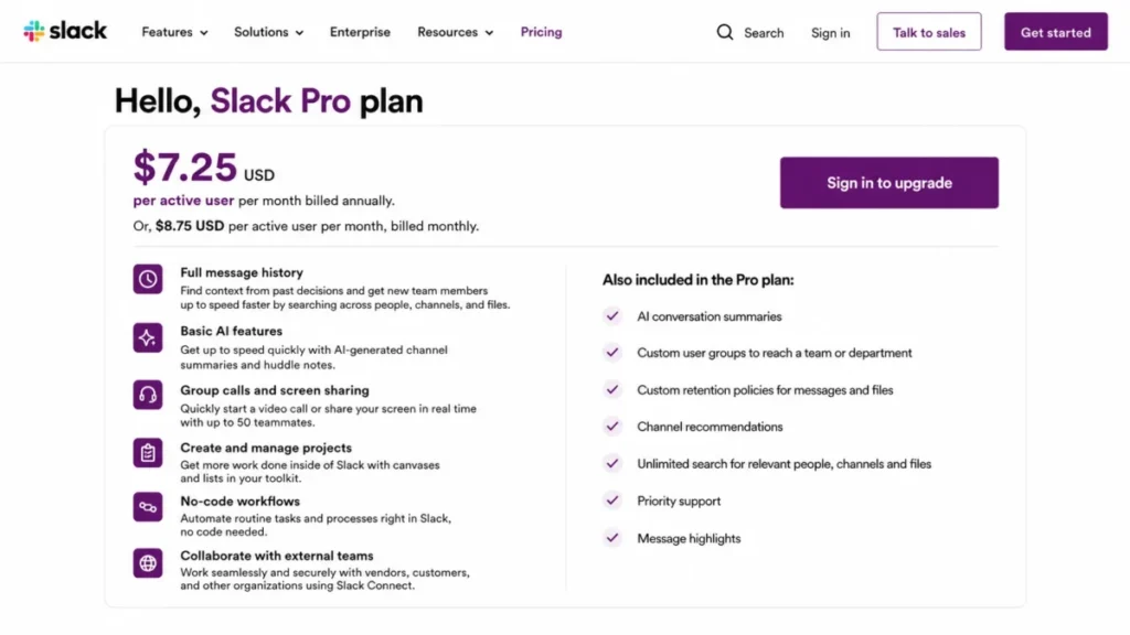 Slack Pro pricing page showing $7.25 per active user per month billed annually and $8.75 billed monthly.