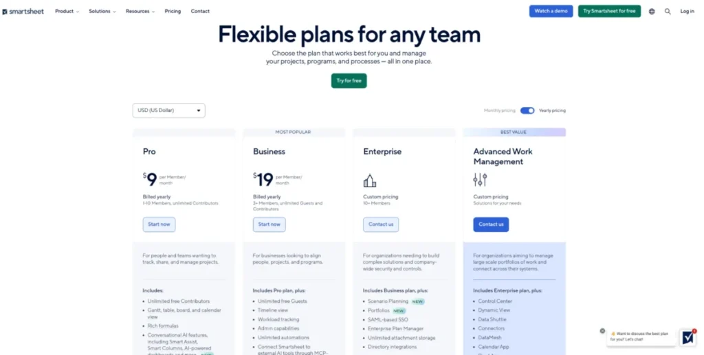 Smartsheet pricing page showing Pro, Business, Enterprise, and Advanced Work Management plans in US dollar view