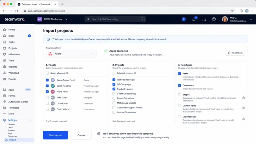 Teamwork.com import panel showing source authorization and selectable people, projects, and item types.