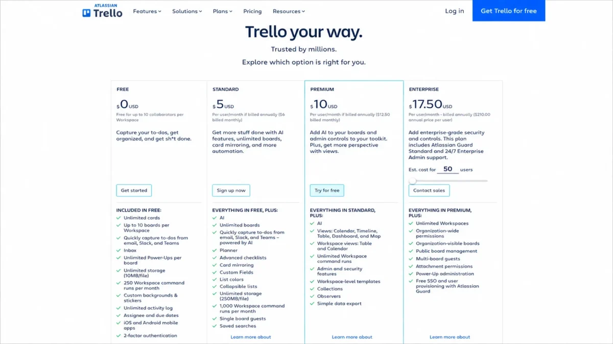 Trello Pricing 2026: Free, Standard, Premium, and Enterprise plans (in USD)