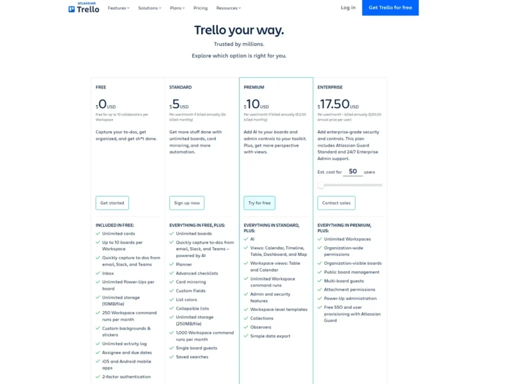 Trello pricing page showing Free, Standard, Premium, and Enterprise plans with monthly per-user pricing