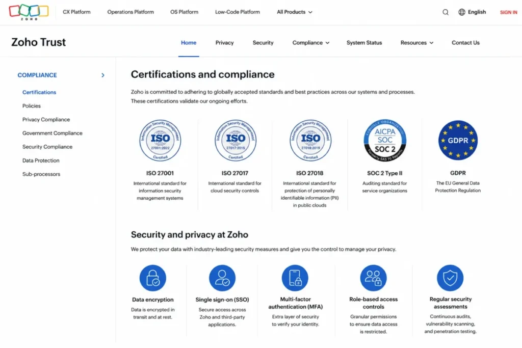 Zoho Trust page showing ISO 27001, ISO 27017, ISO 27018, SOC 2 Type II, and GDPR compliance information