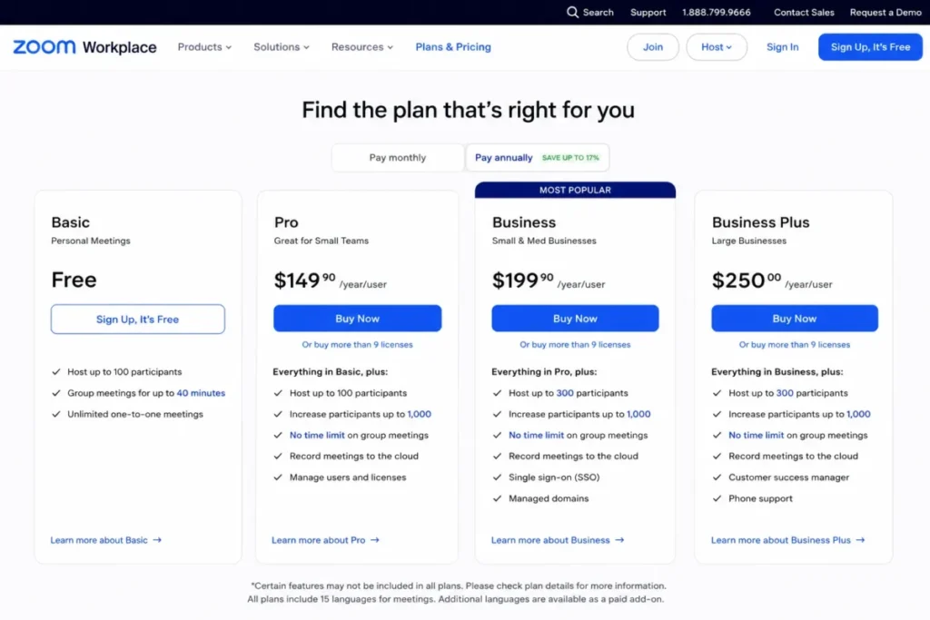 Zoom Workplace pricing page comparing Basic, Pro, Business, and Business Plus plans with annual billing selected.