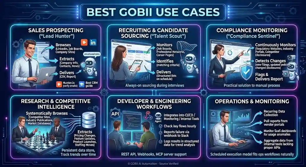 Gobii's product positioning explicitly supports several workflow categories. Here's how each one maps to real buyer needs.