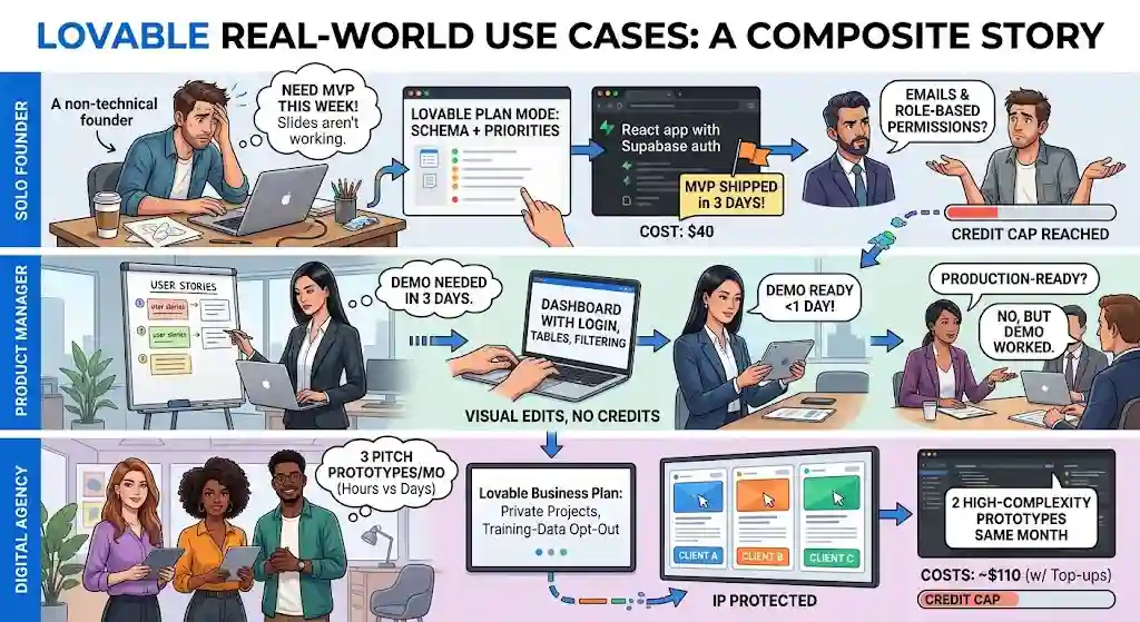 These are hypothetical but representative — based on the types of buyers who evaluate Lovable.
