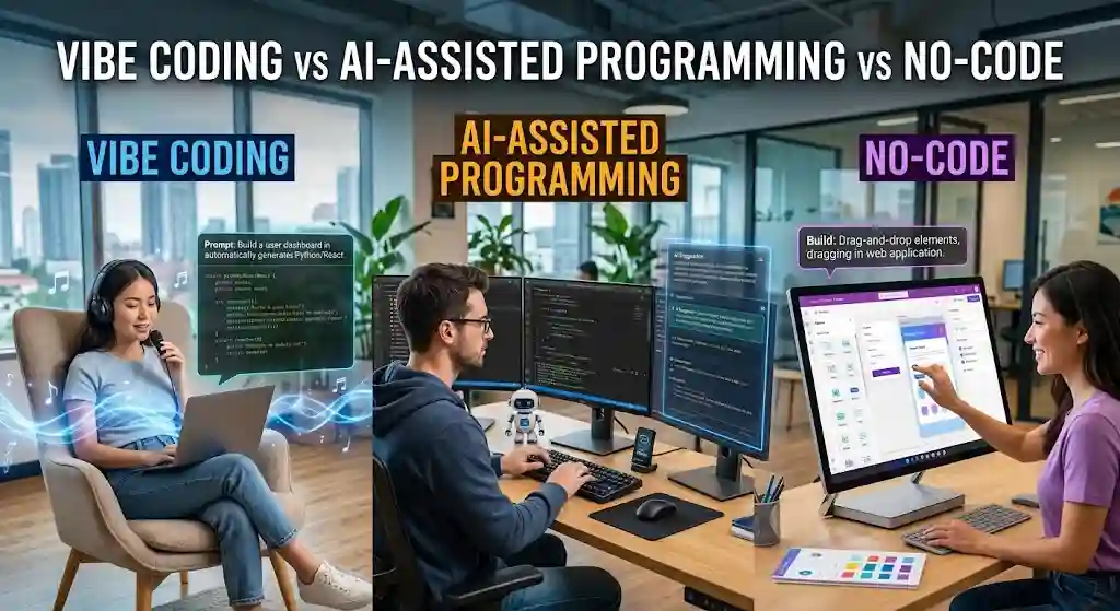 Vibe Coding vs AI-Assisted Programming vs No-Code
