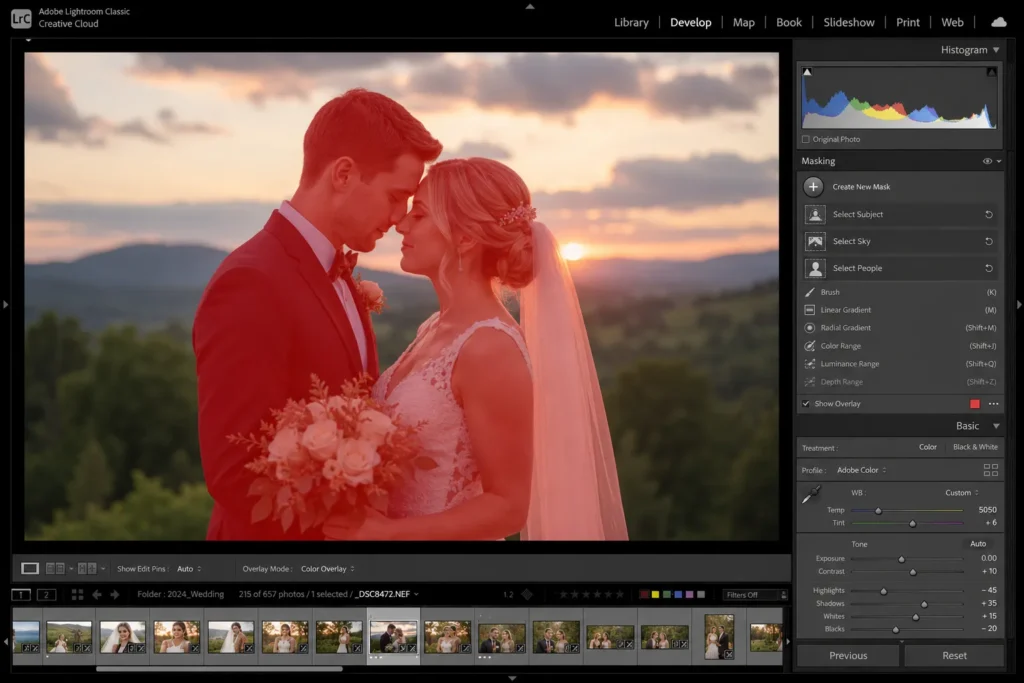Adobe Lightroom Classic Develop module showing AI masking on a wedding portrait with Select Subject Select Sky and Select People options