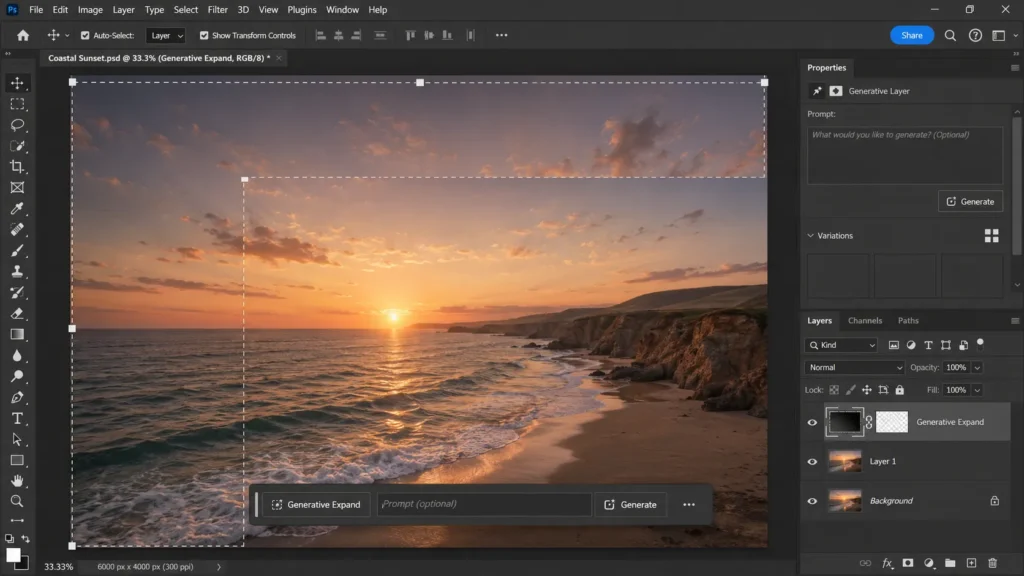 Adobe Photoshop Generative Expand editing a coastal sunset landscape with extended sky and ocean canvas