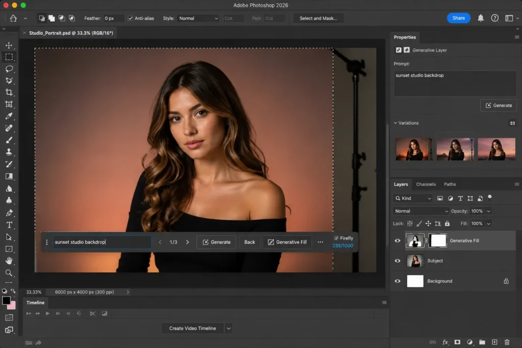 Adobe Photoshop Generative Fill editing a studio portrait with a sunset studio backdrop prompt
