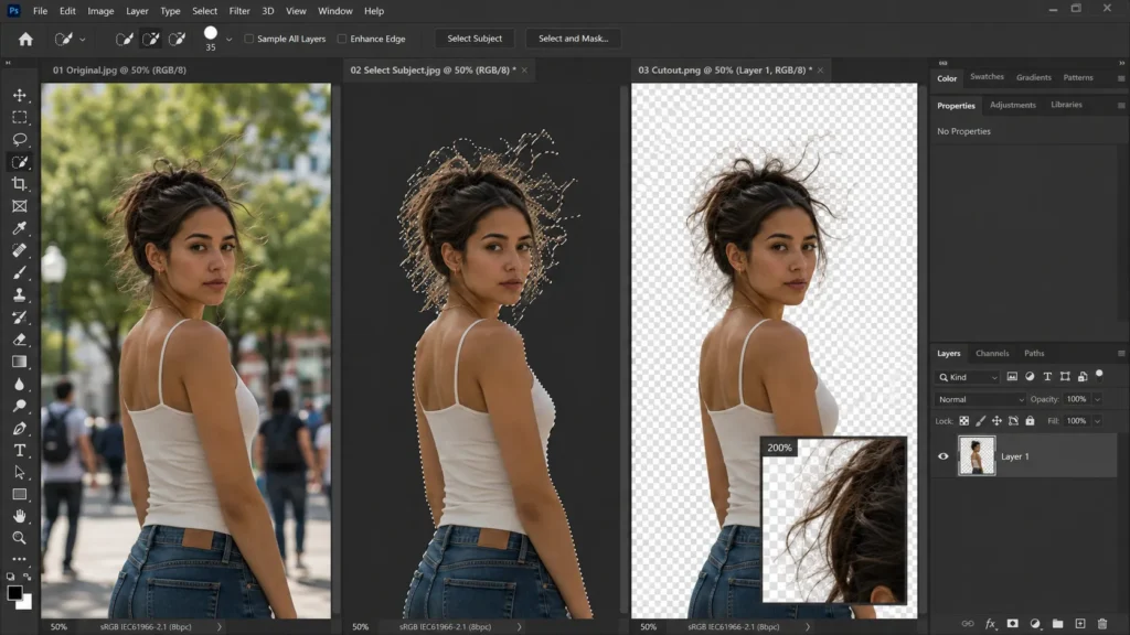 Adobe Photoshop Select Subject background removal showing a portrait cutout with flyaway hair on a transparent background