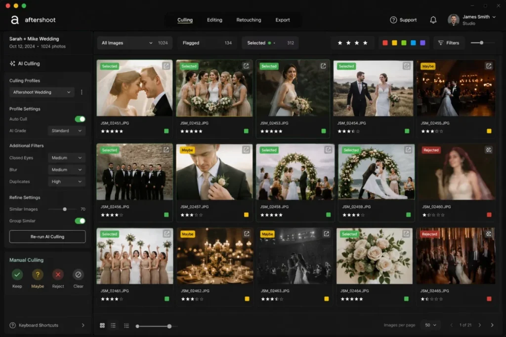 Aftershoot AI culling view showing wedding photo thumbnails with star ratings colored flags selected maybe and rejected labels
