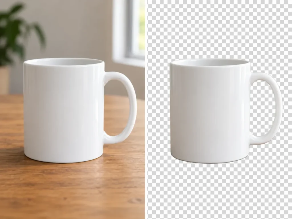 AI background removal before and after on a white ceramic mug