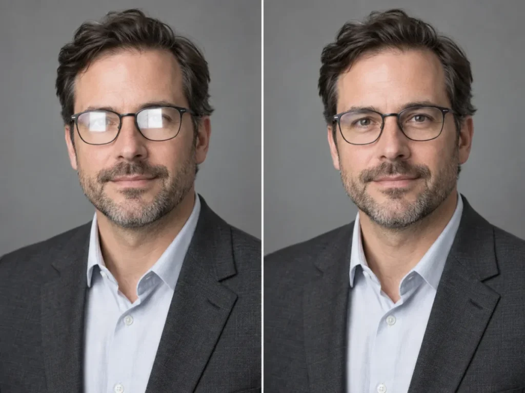 AI glasses glare removal before and after on a professional headshot