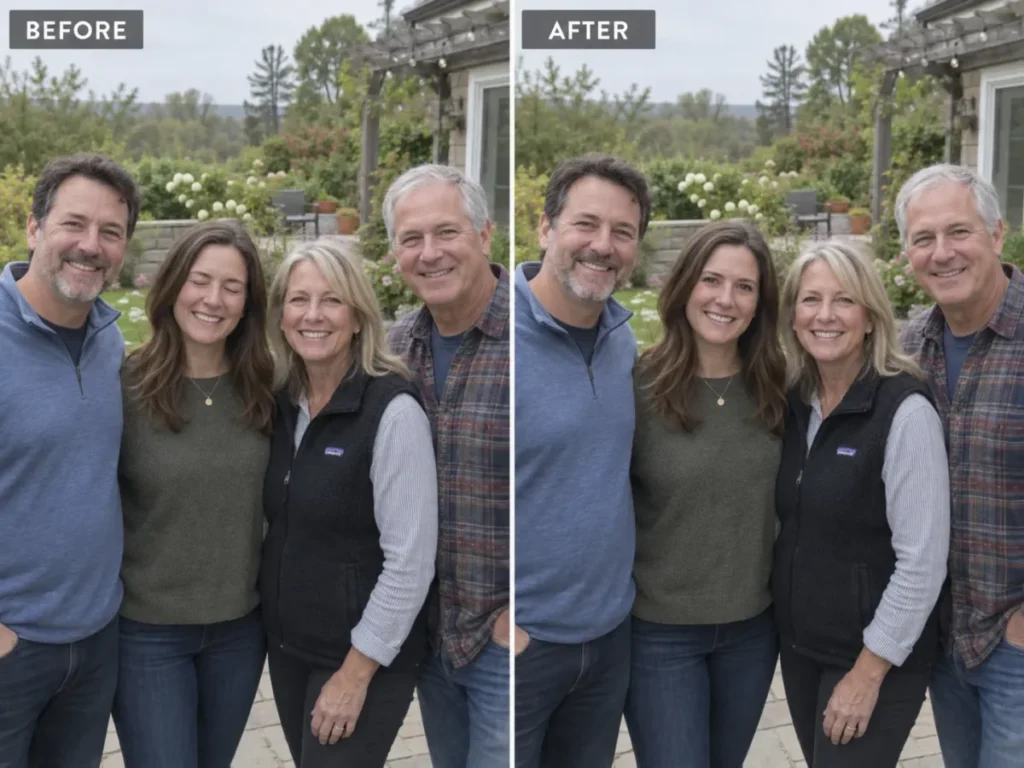 AI photo editor opening closed eyes in a family portrait before and after