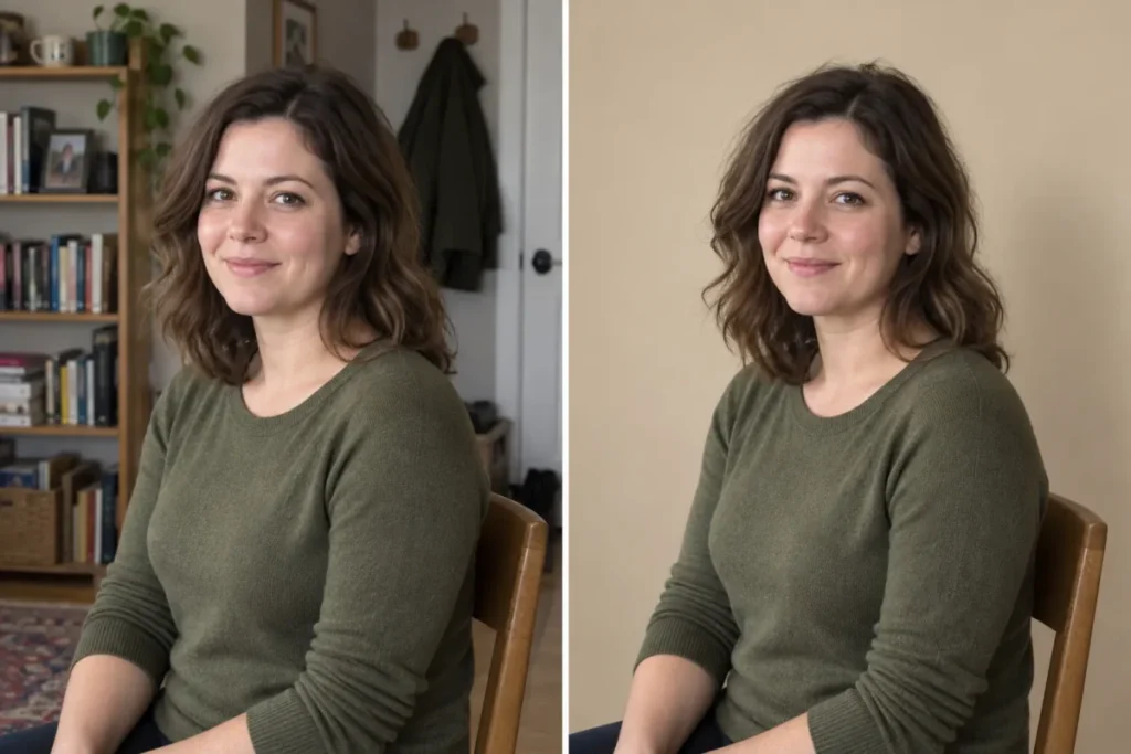 AI photo background replacement before and after with the same woman