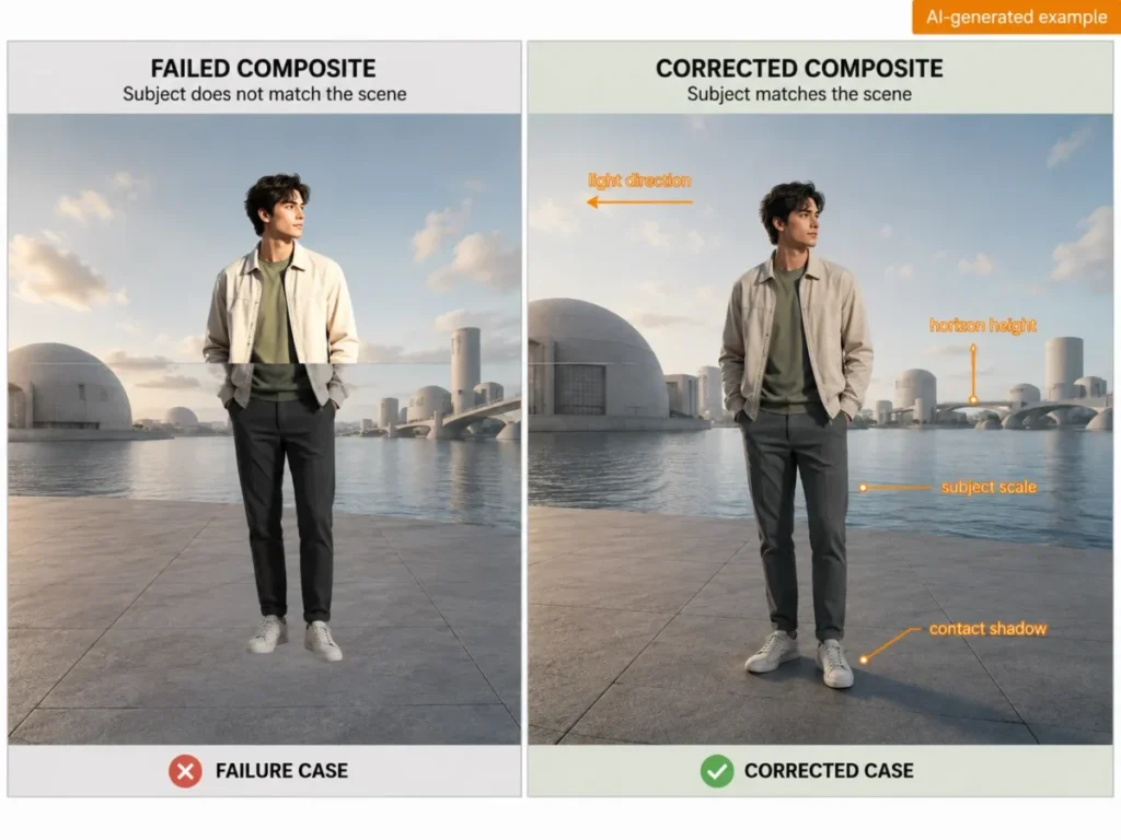 AI photo editing prompts example comparing a failed background swap with a corrected composite using matched light direction, horizon, scale, and contact shadow
