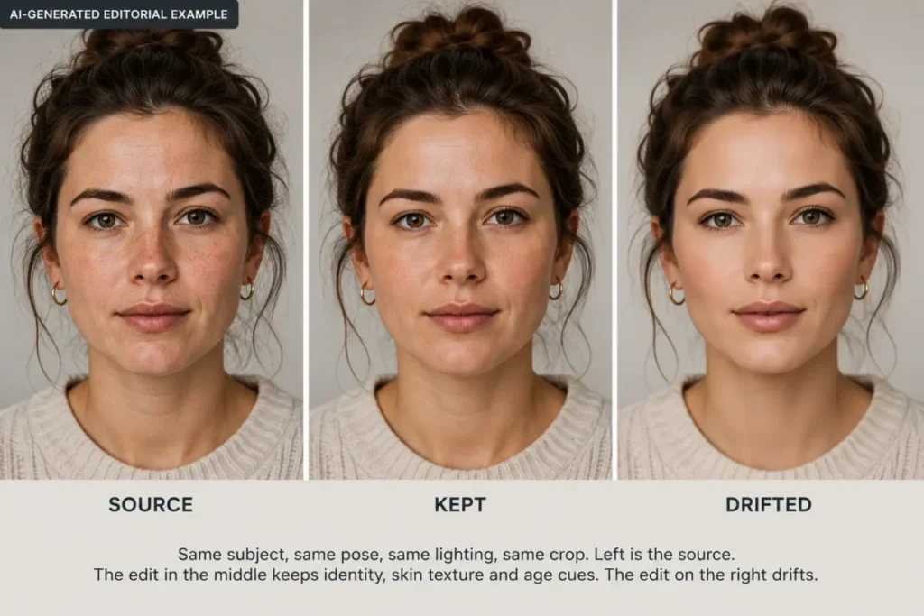 AI photo editing prompts example showing portrait identity preserved versus facial drift after over-retouching