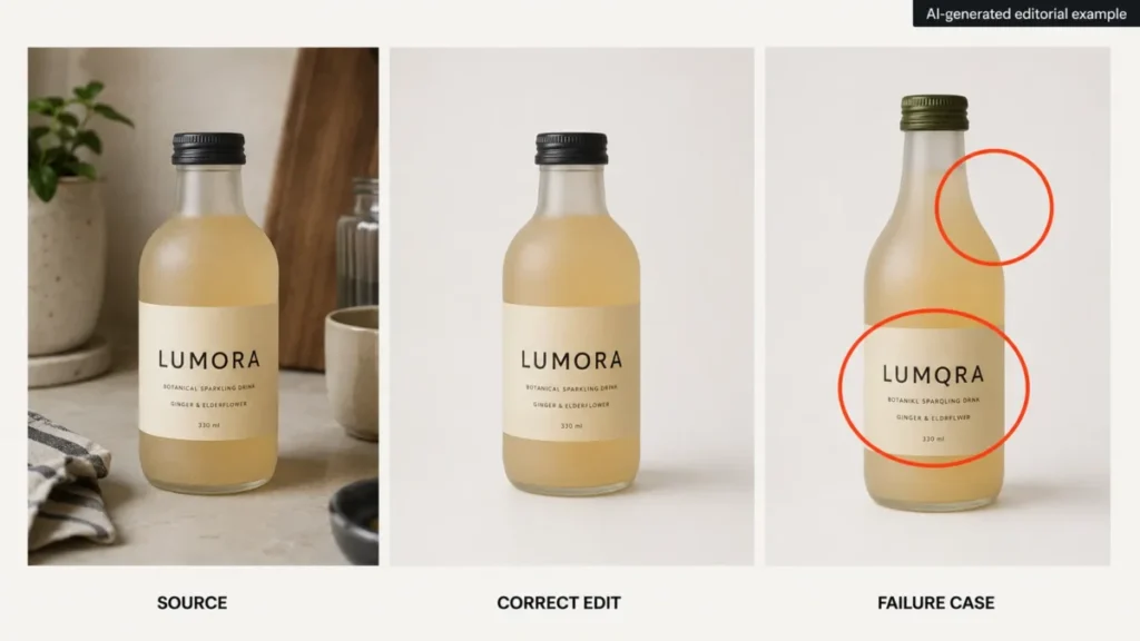 AI photo editing prompts example comparing a correct product edit with a failed edit that changes bottle shape, label text, and cap color