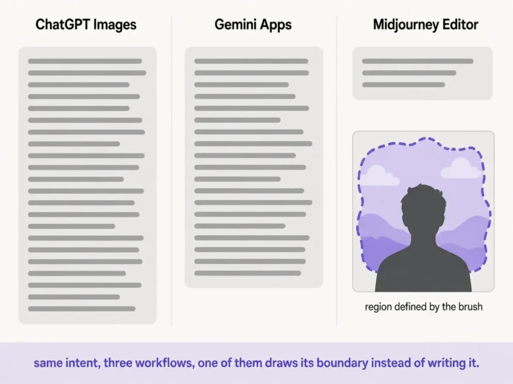 AI photo editing prompts comparison showing ChatGPT Images, Gemini Apps, and Midjourney Editor background editing workflows