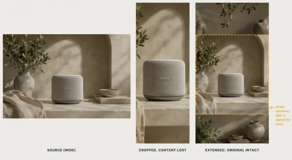 AI photo editing prompts example comparing image cropping with AI outpainting to preserve the original product