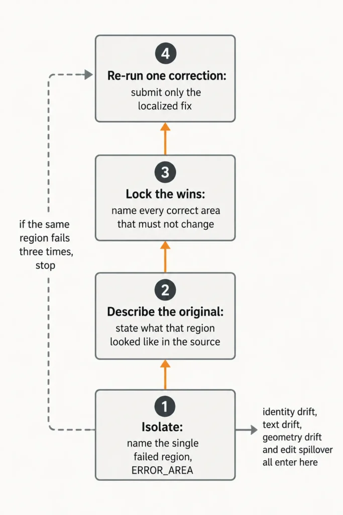 AI photo editing prompts repair ladder showing four steps to isolate and fix a failed local image edit