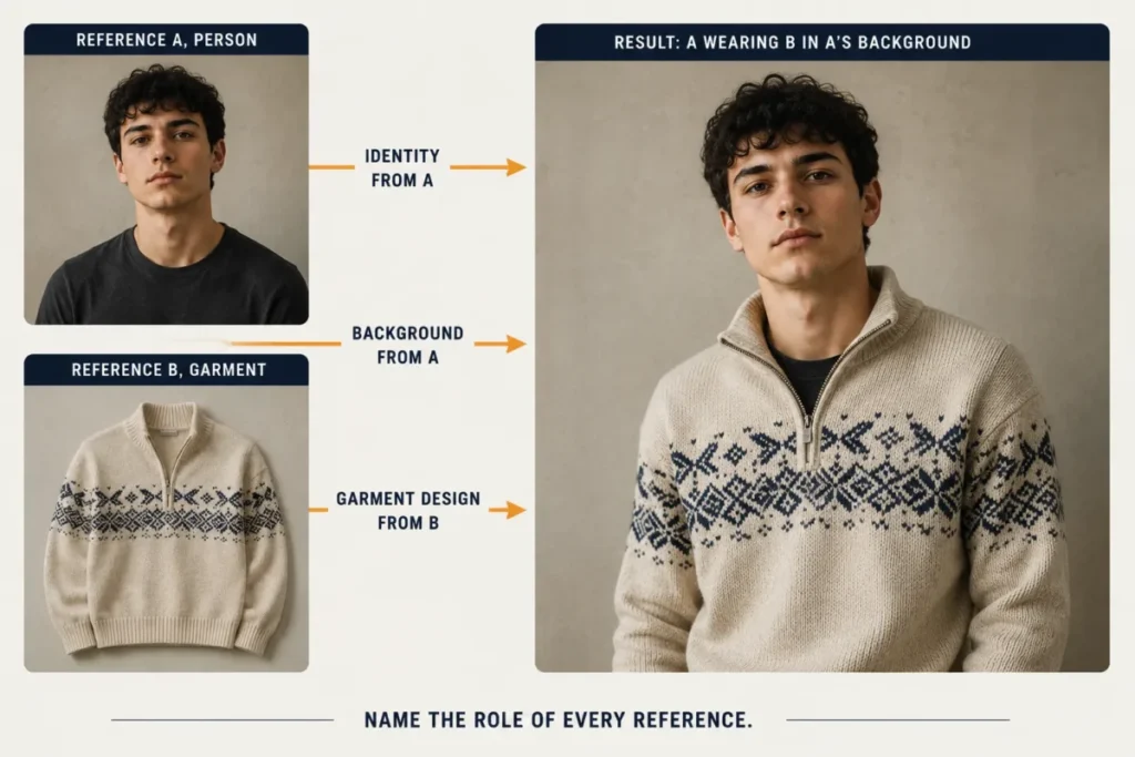 AI photo editing prompts example showing identity and background from reference A with garment design from reference B