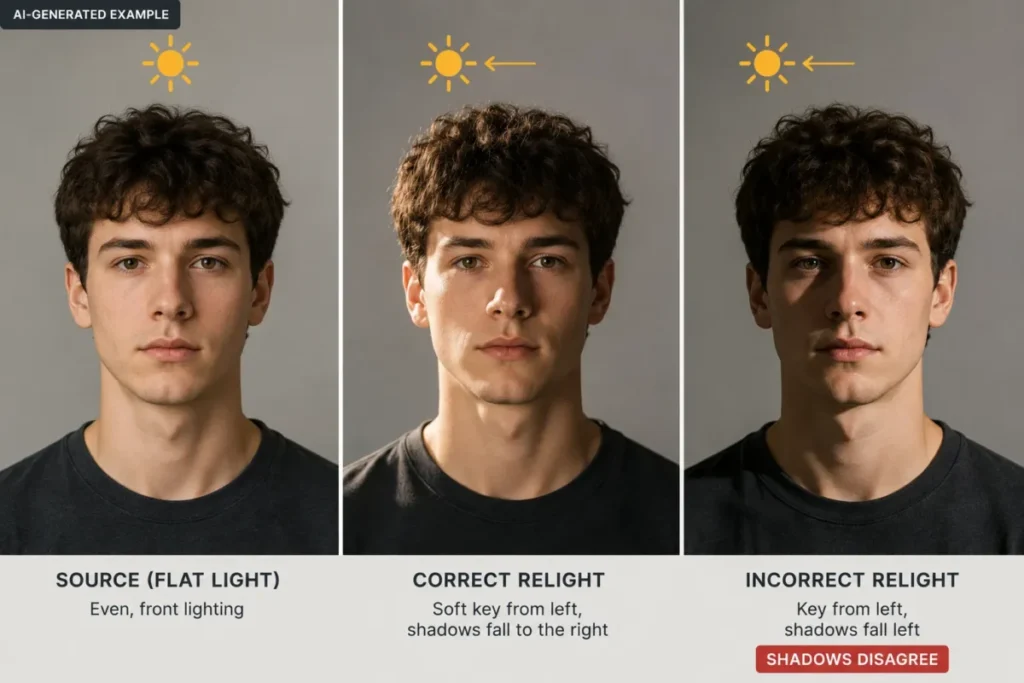 AI photo editing prompts example comparing correct portrait relighting with incorrect shadow direction