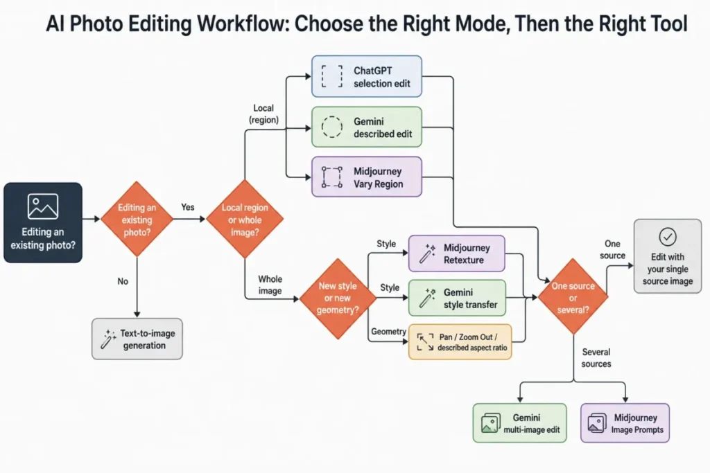 AI photo editing prompts workflow showing when to use ChatGPT, Gemini, or Midjourney for local, whole-image, and multi-source edits