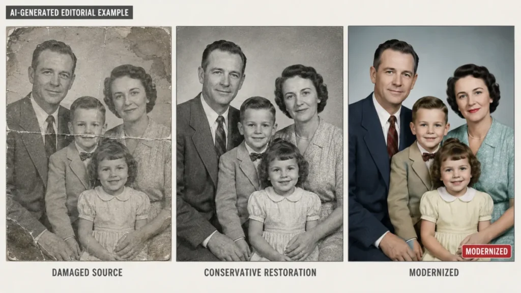 AI photo editing prompts example comparing damaged source photo, conservative restoration, and over-modernized restoration