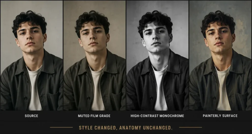 AI photo editing prompts example showing muted film, monochrome, and painterly style changes while preserving facial structure and pose