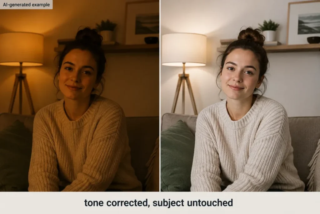 AI photo editing tone correction before and after showing improved exposure and neutral color while preserving the subject