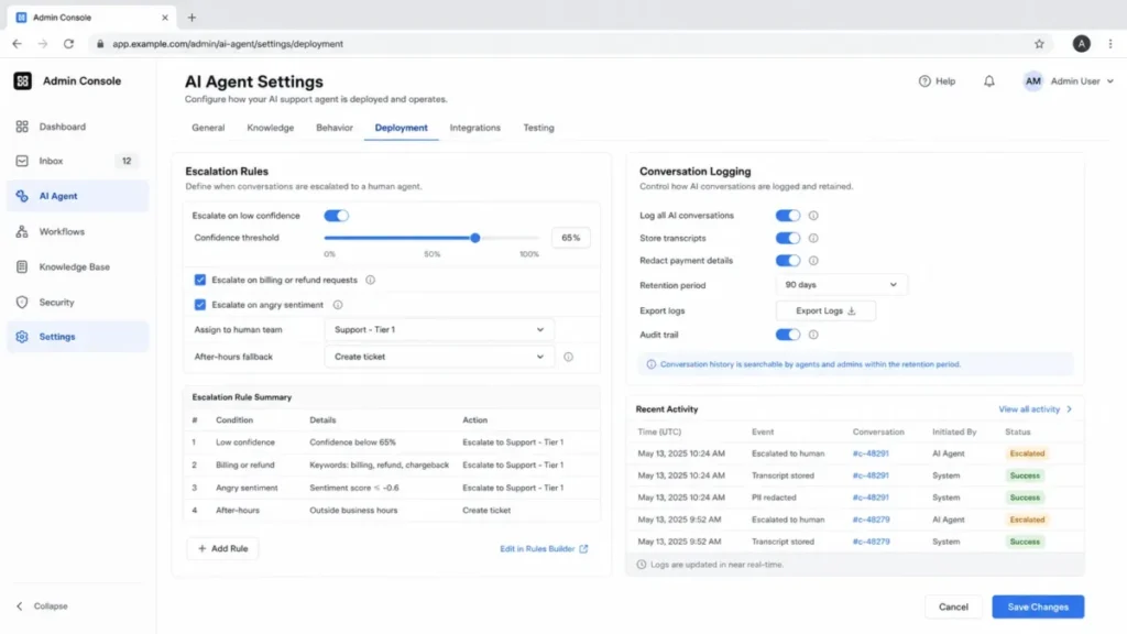 AI support agent admin panel showing escalation rules and conversation logging settings.