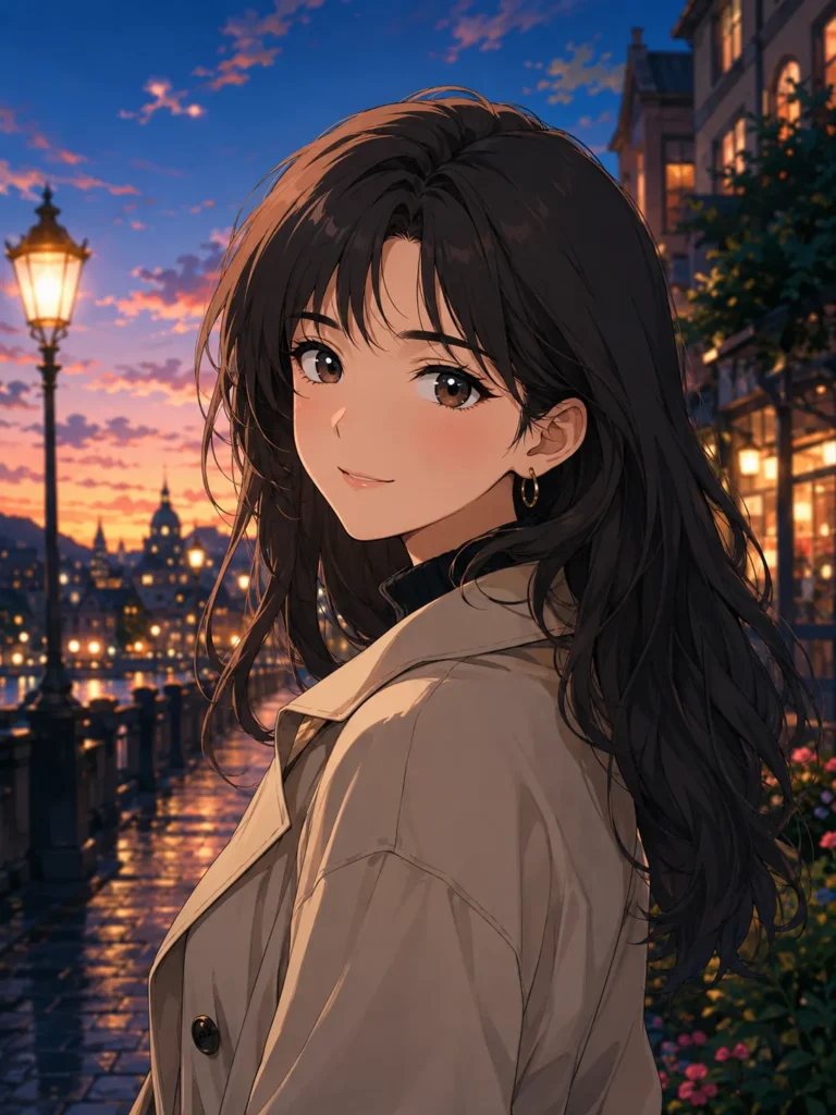 Anime-style portrait of a woman in a beige trench coat standing on a lantern-lit riverside street at sunset.
