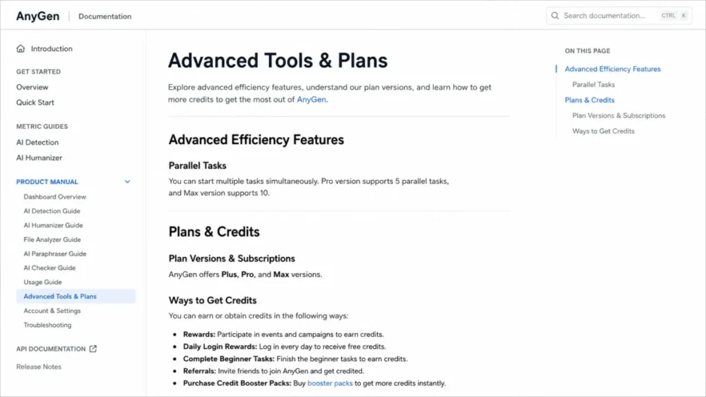 AnyGen Advanced Tools and Plans showing Plus, Pro, Max and parallel task limits